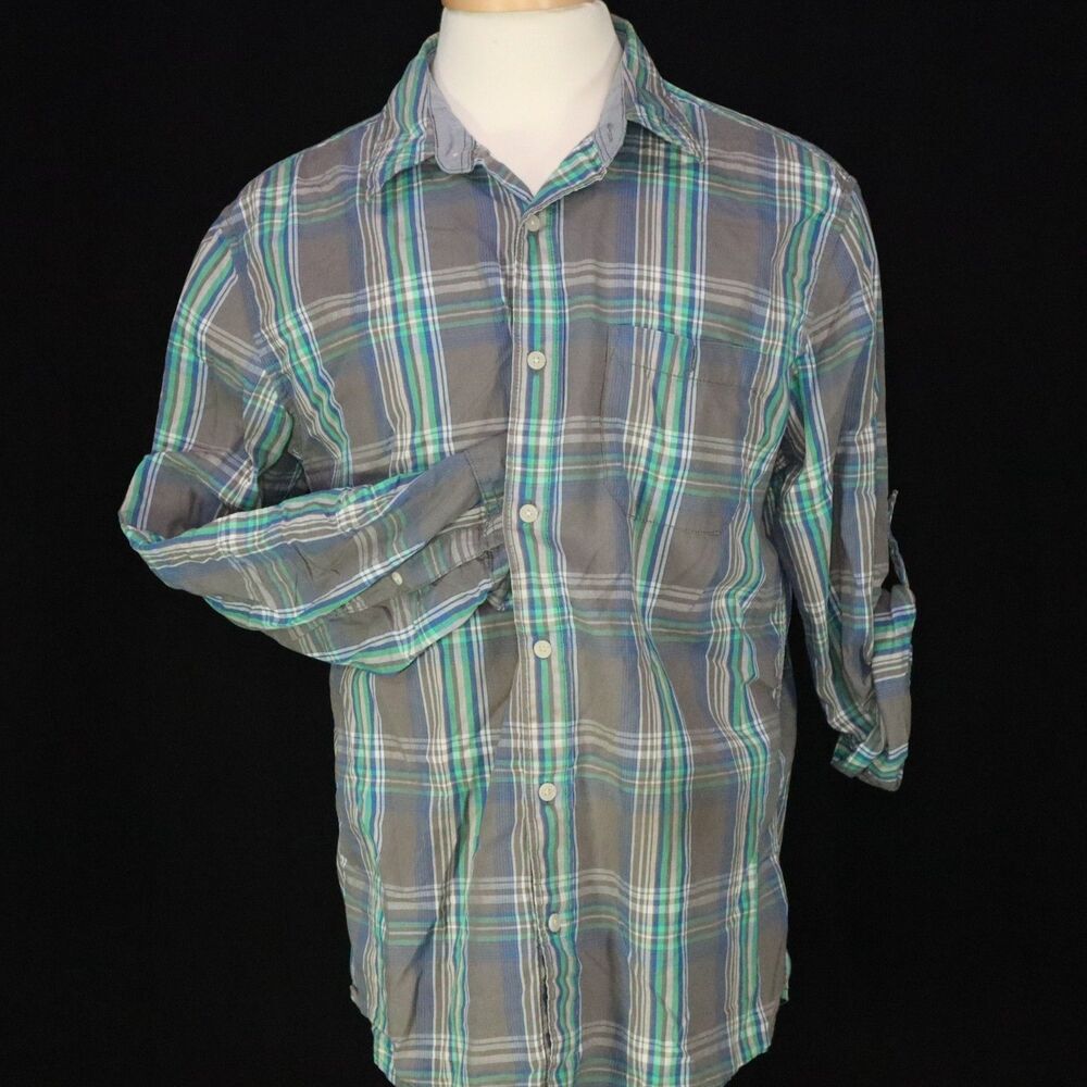 Urban Pipeline Cotton Roll Tab Sleeve Shirt Gray Plaid Button Down Size Large
